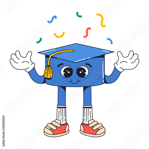 Isolated groovy character blue square academic cap in gloves in flat retro classic cartoon style of 60s 70s on white background. Illustration for your design, print, card, poster, stickers