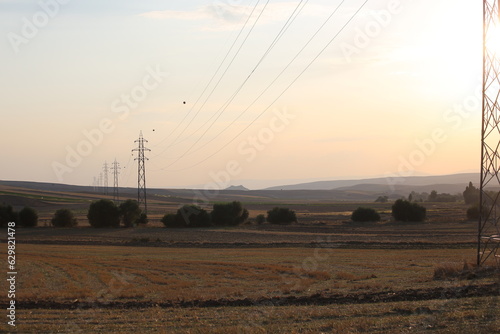 High-voltage lines stretching across the vast land at sunset