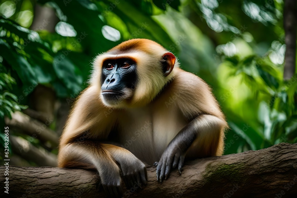 Monkey with beige fur sitting against green trees