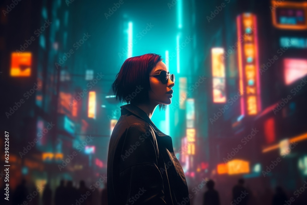 Obraz premium Concept art illustration of woman in cyberpunk city at night, Generative AI
