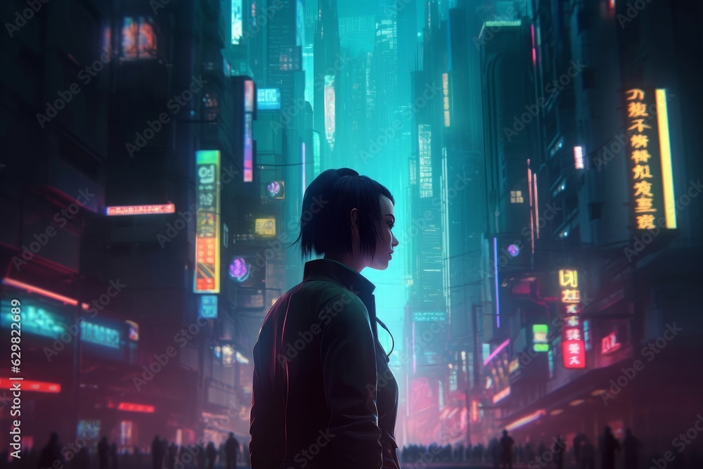 Concept art illustration of woman in cyberpunk city at night, Generative AI