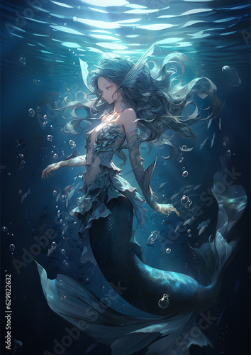  anime style cute mermaid in the water