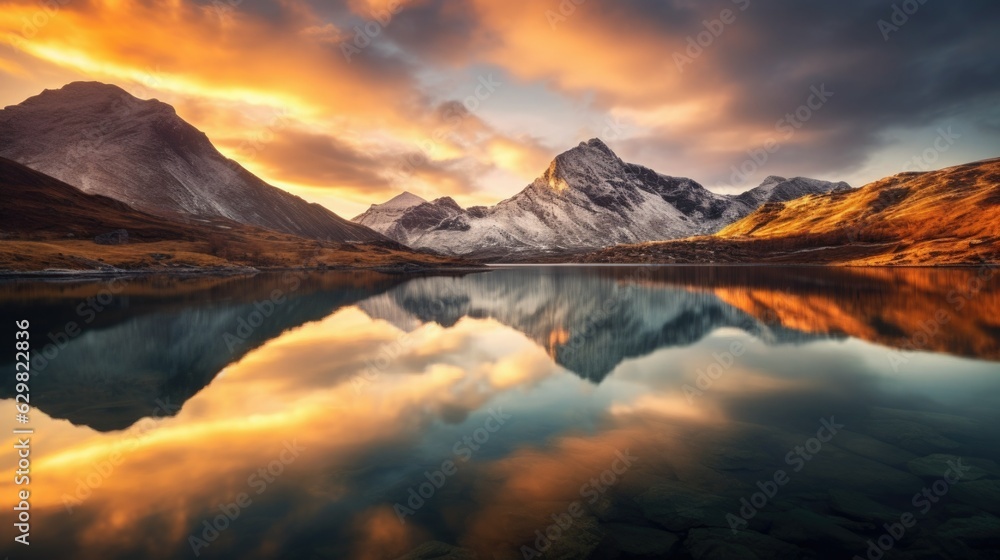 Grandeur Mountain Range Under Setting Sun with Serene Lake Mirror