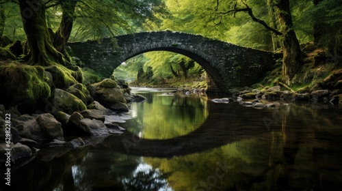 Ancient Stone Bridge Over Calm River with Mirrored Reflection