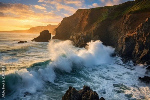 Sunrise over Jagged Coastline with Pounding Surf and Colorful Sky