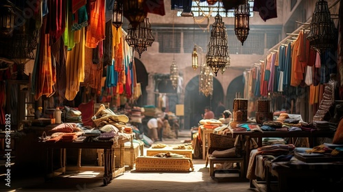 Lively Moroccan Bazaar with Vibrantly Colored Fabrics and Energy of Bartering © Ashley