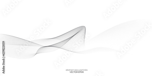 Flowing dots particles wave pattern 3D curve halftone black gradient curve shape isolated on white background. Vector in concept of technology, science, music, modern.