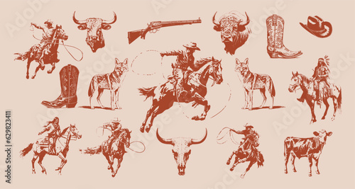 Western Rodeo Cowboy Vector Set, Vintage Earthy, Buffalo, Cattle, Coyote, Cowboy Boot, Skull, wild west desert aesthetic	 photo