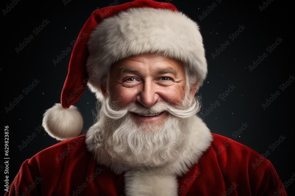 Close up photo of positive cheerful santa claus looking in camera wearing a red costume hat on background. Generative Ai. Close up photo of positive cheerful santa claus looking in camera wearing a red costume hat on background. Generative Ai.