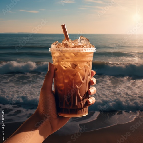 Young woman holding iced coffee at the beach with blue clear water. Generative Ai. photo