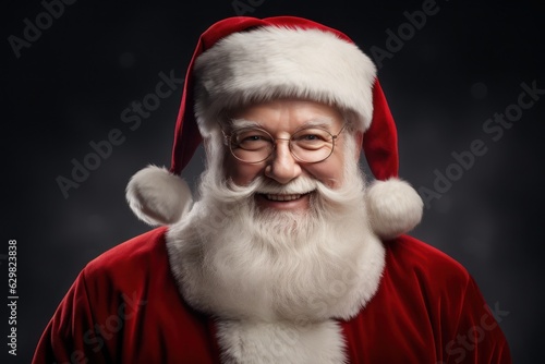 Close up photo of positive cheerful santa claus looking in camera wearing a red costume hat on background. Generative Ai.