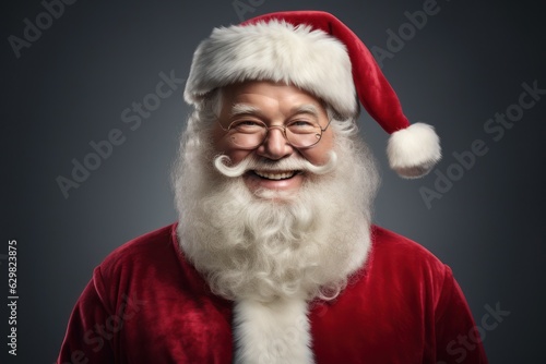 Close up photo of positive cheerful santa claus looking in camera wearing a red costume hat on background. Generative Ai.