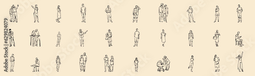 Set sillhouettes people in sketch style. Hand draw man, woman, child, couple isolated on white background. Collection simple vector illustration.
