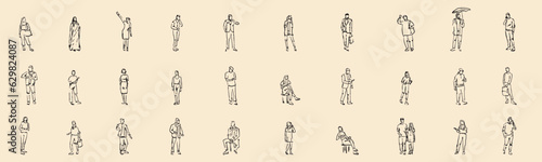 Set sillhouettes people in sketch style. Hand draw man, woman, child, couple isolated on white background. Collection simple vector illustration.