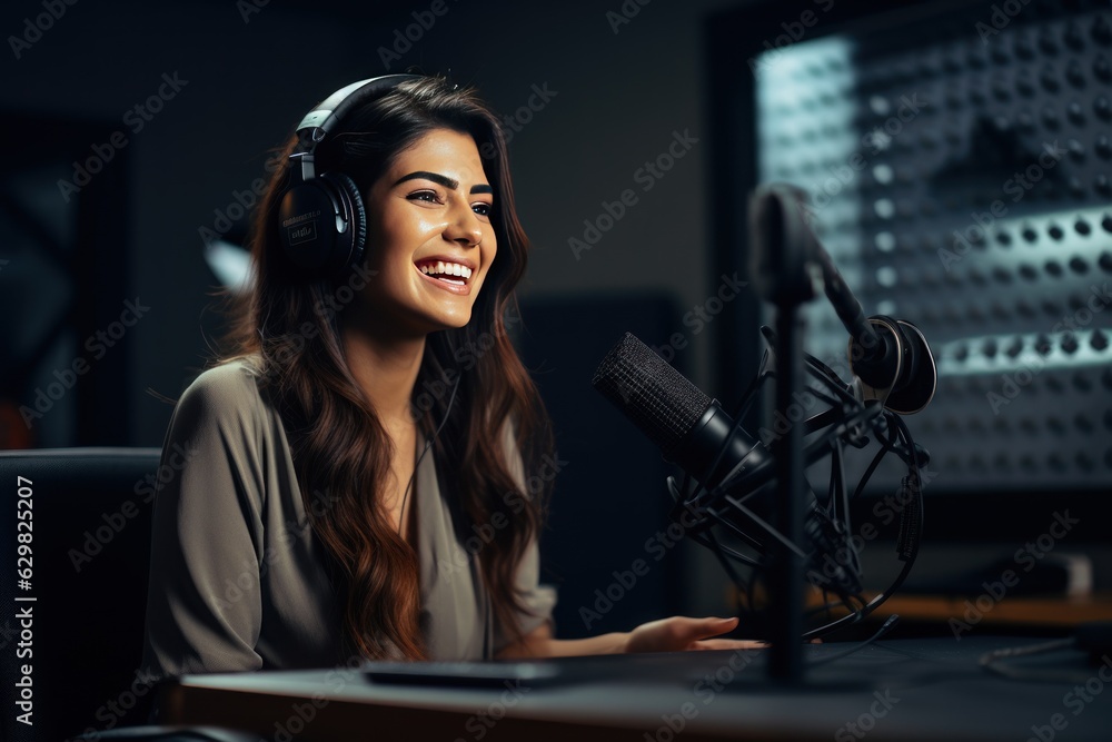 Businesswoman interviewed for a podcast. Woman podcaster making audio podcast from her studio. Businesswoman interviewed for a podcast. Woman podcaster making audio podcast from her studio.