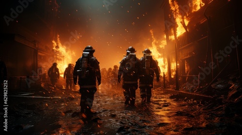Firefighters Fighting with the Fire, Brave and Strong Firefighting Teamwork. Generative Ai