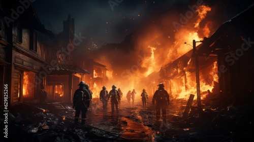 Firefighters Fighting with the Fire, Brave and Strong Firefighting Teamwork. Generative Ai © CYBERUSS