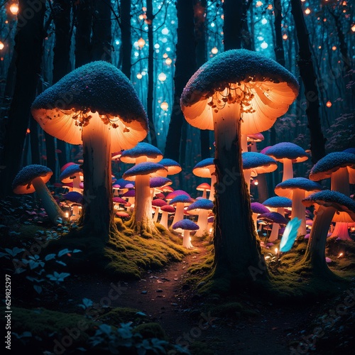 A place filled with many huge mushrooms of different sizes that lights up at night