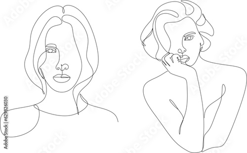 Continuous line, drawing of set faces and hair style, fashion concept, woman beauty minimalist, vector illustration of colorful abstract background