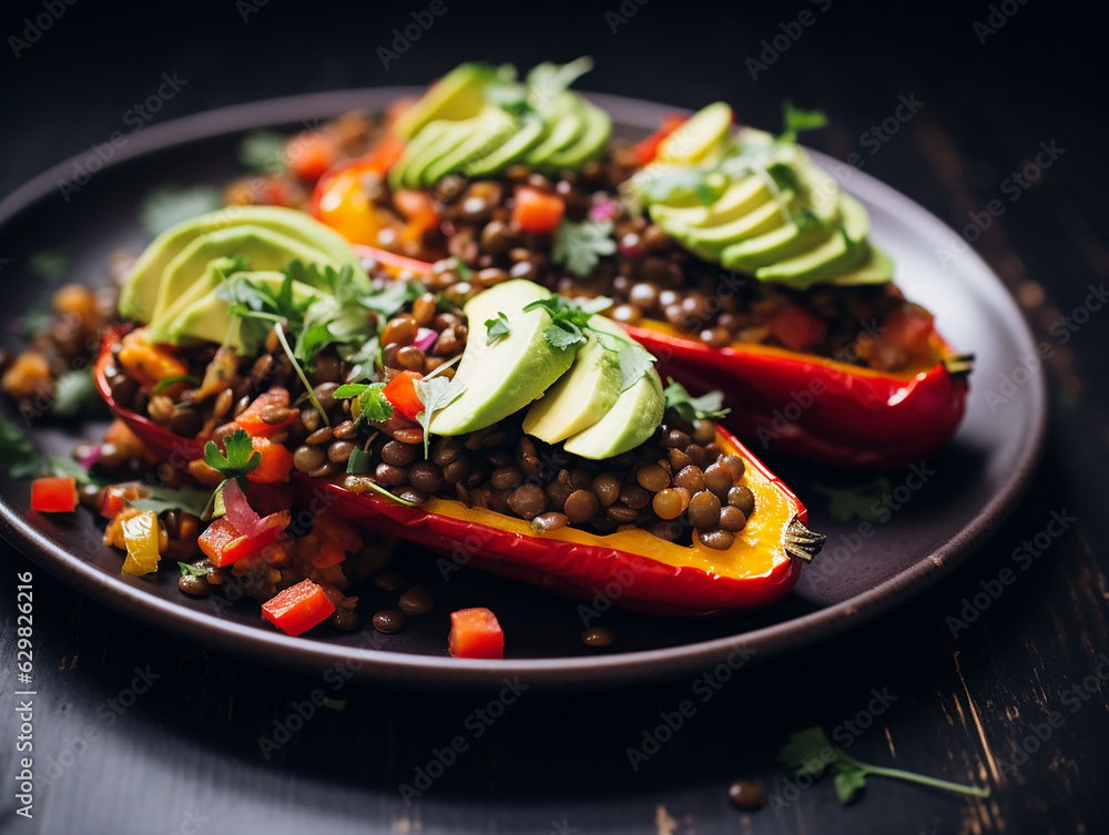 pointed peppers stuffed withlentils and avocado