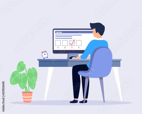 The men chooses the correct answer in test concept of online exam, questionnaire form, distance learning