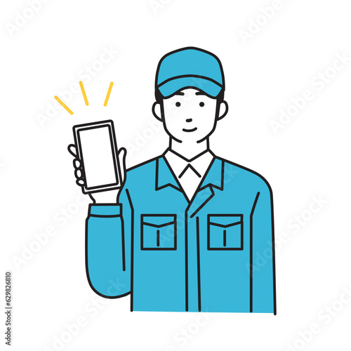 スマホをもつ作業服を着た男性配達員のシンプルなイラスト
