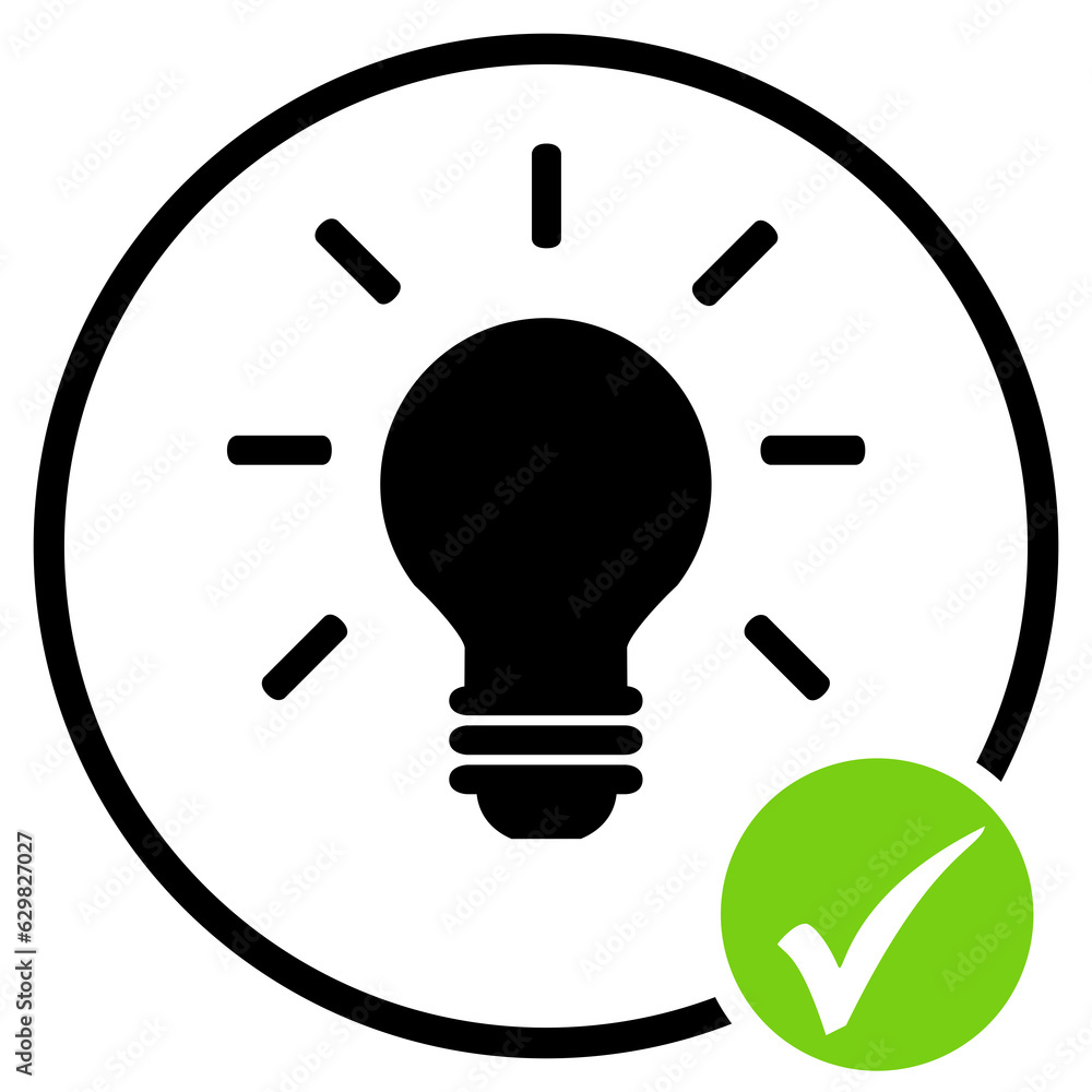 Idee, Tipp oder Glühbirne - Schwarzer Kreis Button mit rundem Häckchen Idee, Tipp oder Glühbirne - Schwarzer Kreis Button mit rundem Häckchen