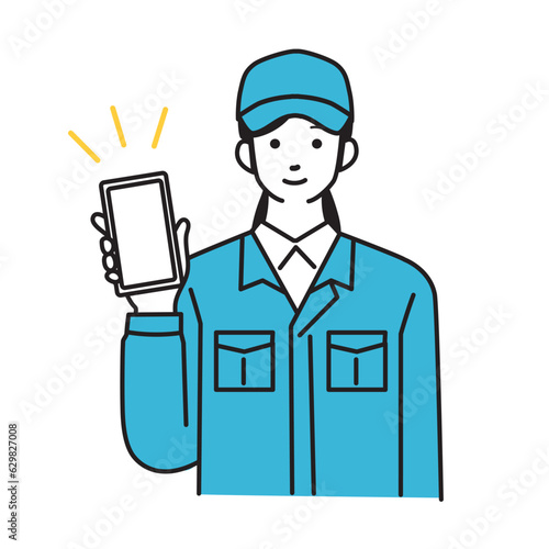スマホをもつ作業服を着た女性配達員のシンプルなイラスト
