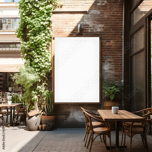 Mockup empty blank poster on the industrial wall in front of a coffee shop beautiful sunlight and shadow photo