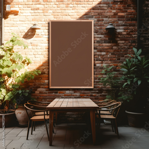 Mockup empty blank poster on the industrial wall in front of a coffee shop beautiful sunlight and shadow photo