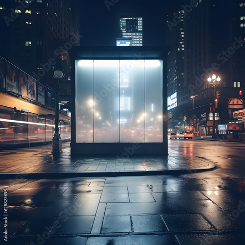 Mockup empty blank billboard at the bus stop in the middle of city street photo