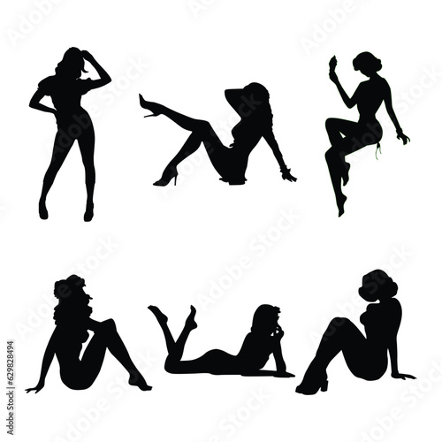 Beautiful young monster girl, devil with pitchfork, witch on broom. Cute ladies. Pin-up, retro style.