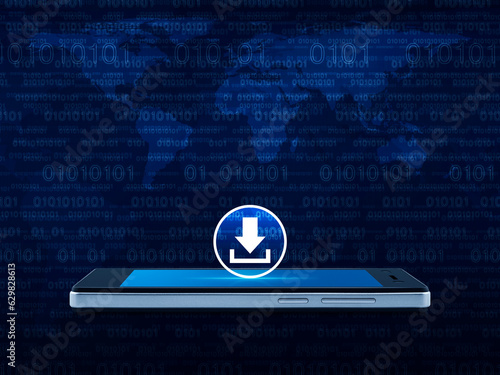 Download icon on modern smart mobile phone screen over world map and computer binary code blue background, Technology internet online concept, Elements of this image furnished by NASA