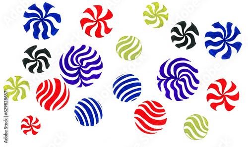 Striped circles of different sizes isolated on a white background. Straight stripes, wavy, to the center of the circle. Blue, red, black and gold colors. Popsicles photo