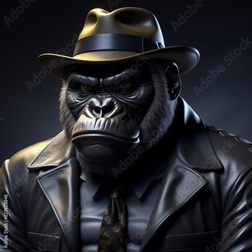 Gorilla gangster in jacket and hat, AI generated