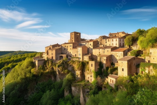 Panorama of Sorano medieval town on a cliff in Tuscany, Italy, Generative AI © Dhriti