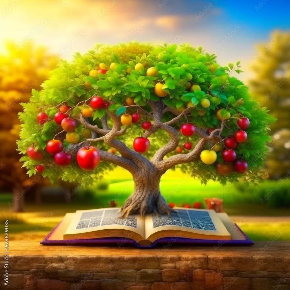 Bible tree of knowledge with apples, AI generated Stock Illustration