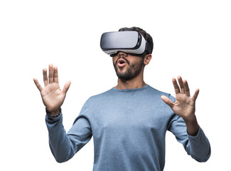 Young man using virtual reality headset isolated in transparent PNG, VR, future gadgets, technology, virtual event, video game concept