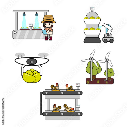 Smart farms and fruit picking robots, as well as drones and hi-tech chicken coops and wind turbines vector elements collection