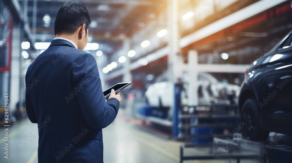 Obraz premium Male Mechanic Uses a Tablet Computer with an Augmented Reality Diagnostics Software. Specialist Inspecting Car. Generative Ai.