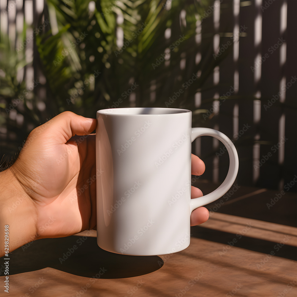 Obraz premium Mockup empty person hand holding a white blank coffee mug&nbsp;in cafe&nbsp;beautiful light and shadow