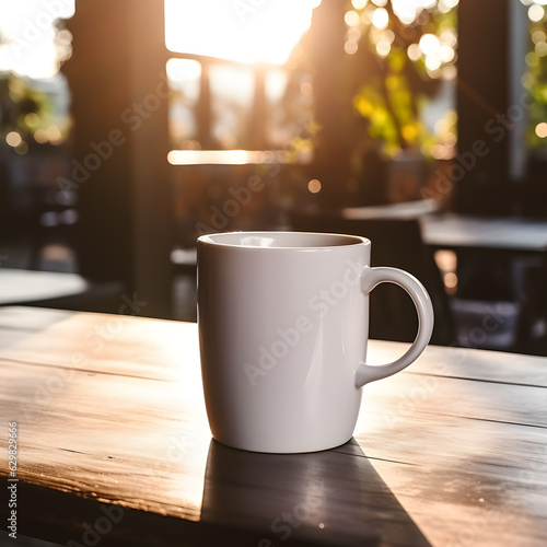 Mockup empty person hand holding a white blank coffee mug  in cafe  beautiful light and shadow