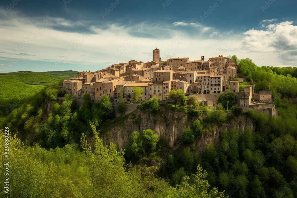 Panorama of Sorano medieval town on a cliff in Tuscany, Italy, Generative AI