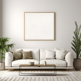 Mockup empty blank poster frame sitting on top of a sofa contemporary style living room