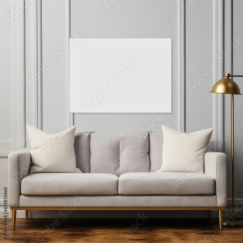 Mockup empty blank poster frame sitting on top of a sofa contemporary style living room photo