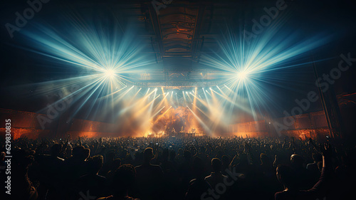 photorealism of Photo of a concert hall with people silhouettes clapping in front of a big stage lit by spotlights © JKLoma