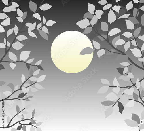 Illustration drawing Halloween scary night scene, Yellow full moon with gray black and white leaves tree branches in a dark night background