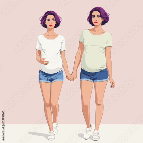 pregnant woman: Short raven hair, almond-shaped hazel eyes, bold red lipstick, a white tunic top with maternity denim shorts, and espadrilles 