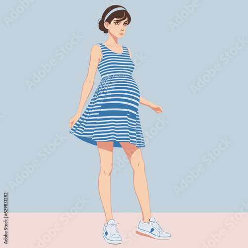 pregnant woman: Dark pixie cut, deep blue eyes, clear lip gloss, a nautical striped maternity dress, and white sneakers 