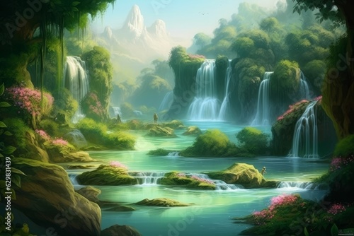 Illustration of beautiful fantasy river in lush jungle with waterfalls, Generative AI © Dhriti